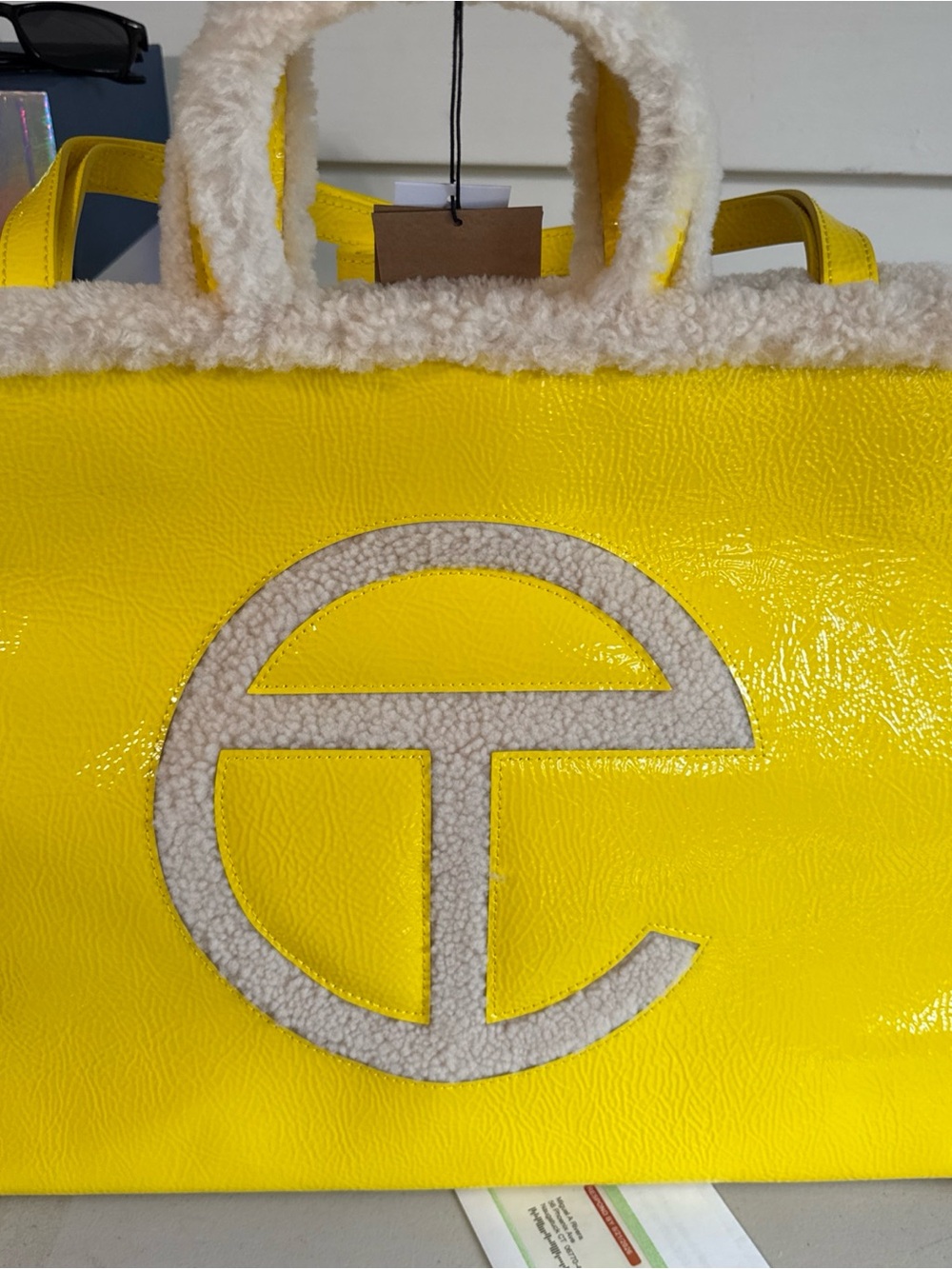 Telfar Yellow Tote with Cream Shearling Logo